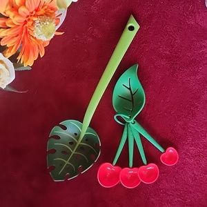 Cherry measuring spoons, Egg Seprator & Ototo Green Leaf Colander/ Salad Spoon.
